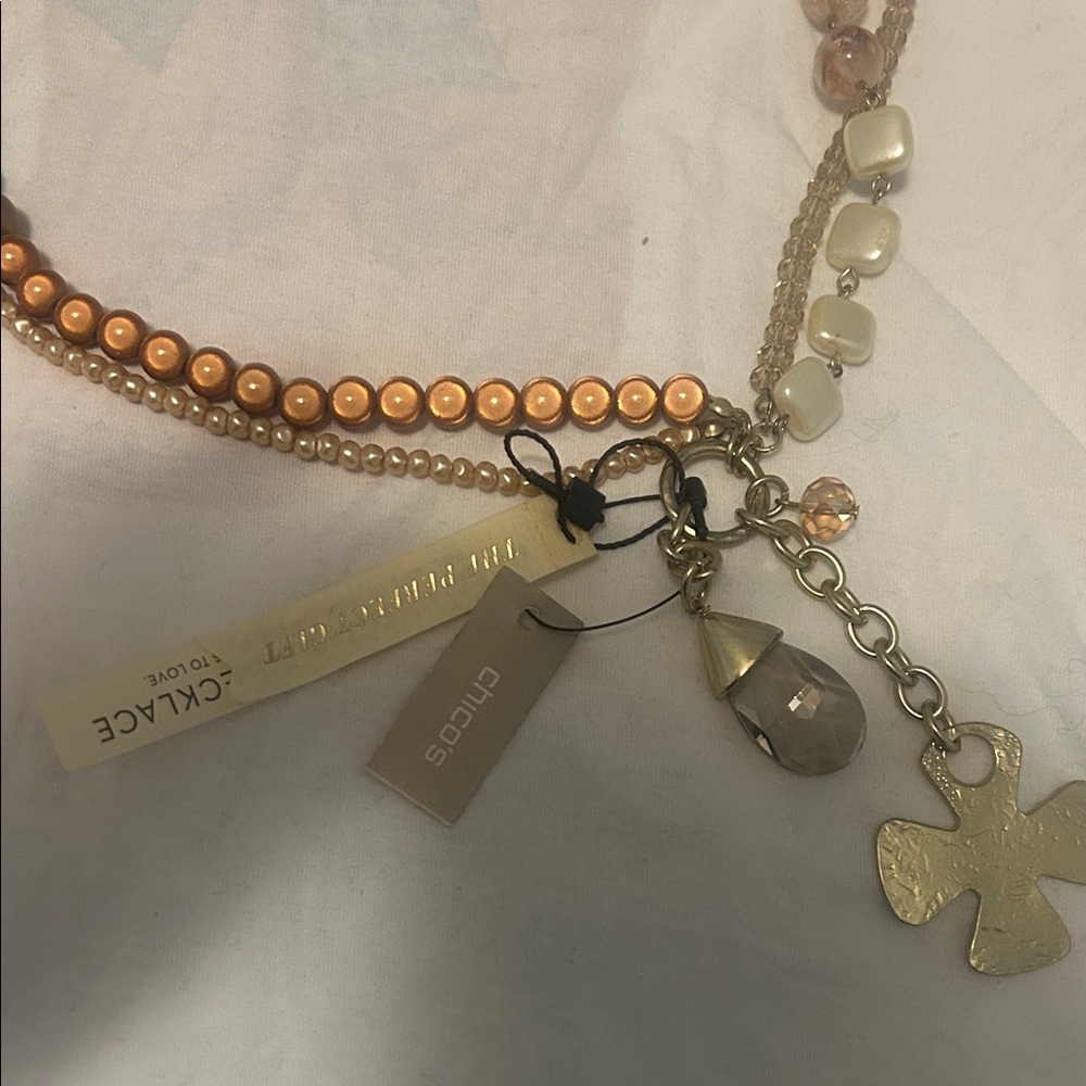 Chico's Peach Beaded Multi-Strand Necklace with Gold Charms